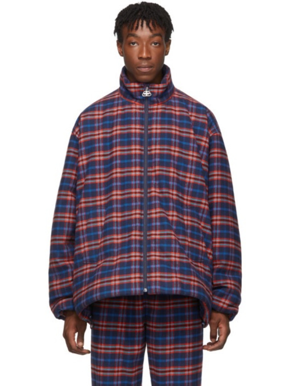 Balenciaga Blue and Red Check Flannel Cocoon Zip-Up Jacket with original Hanger